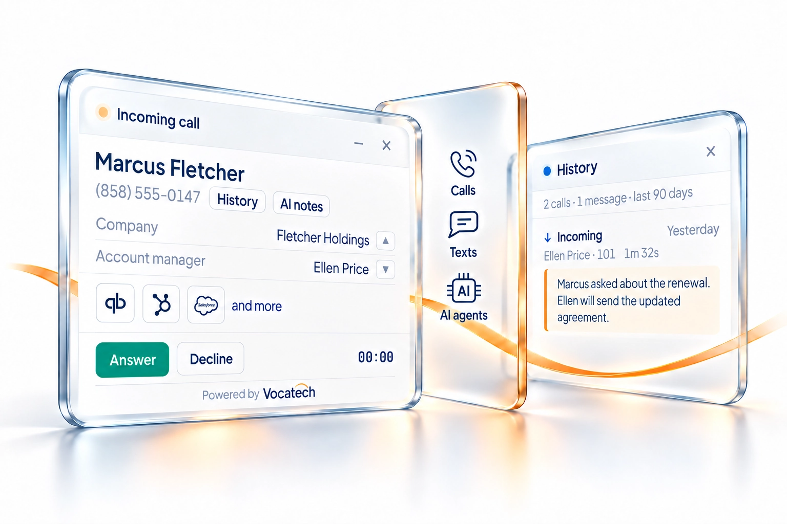 Vocatech Callpop shows the caller, customer record shortcuts and AI notes, alongside calls, texts, AI agents and call history.